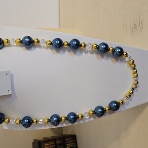 N-004- Elegant Midnight Blue and Gold Tone Beaded Necklace